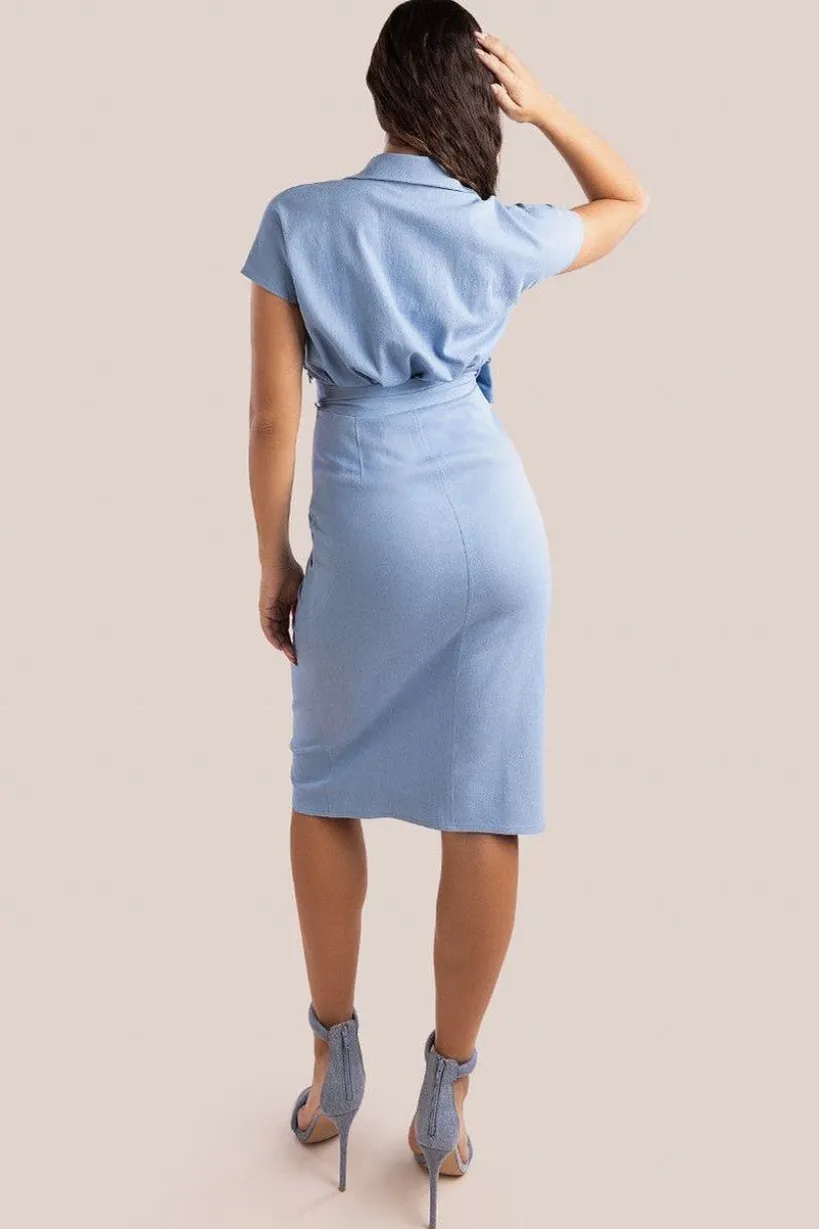 Denim Gathered Angel Sleeve Midi Shirt Dress - Sky Denim by Goddiva