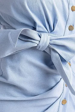 Denim Gathered Angel Sleeve Midi Shirt Dress - Sky Denim by Goddiva