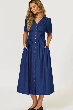 Denim Midi Dress In Blue by FS Collection