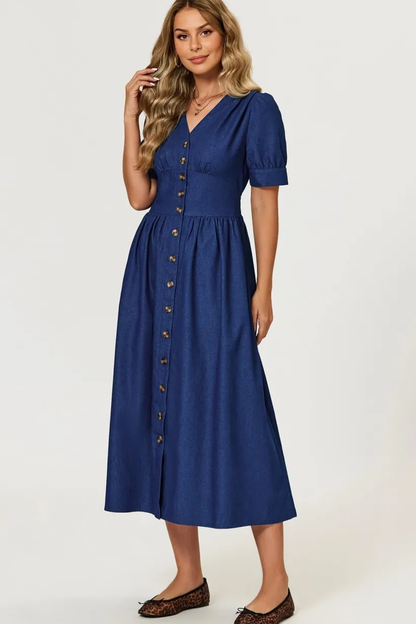 Denim Midi Dress In Blue by FS Collection