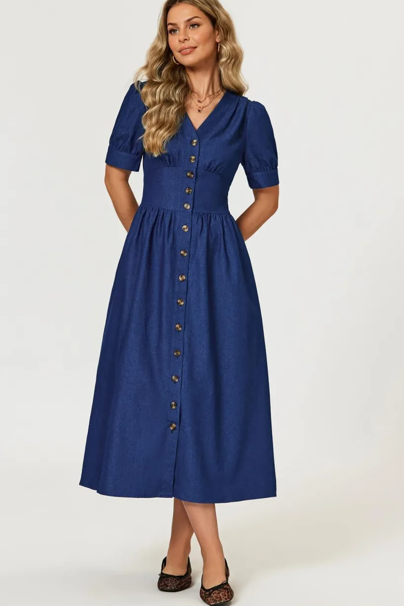 Denim Midi Dress In Blue by FS Collection