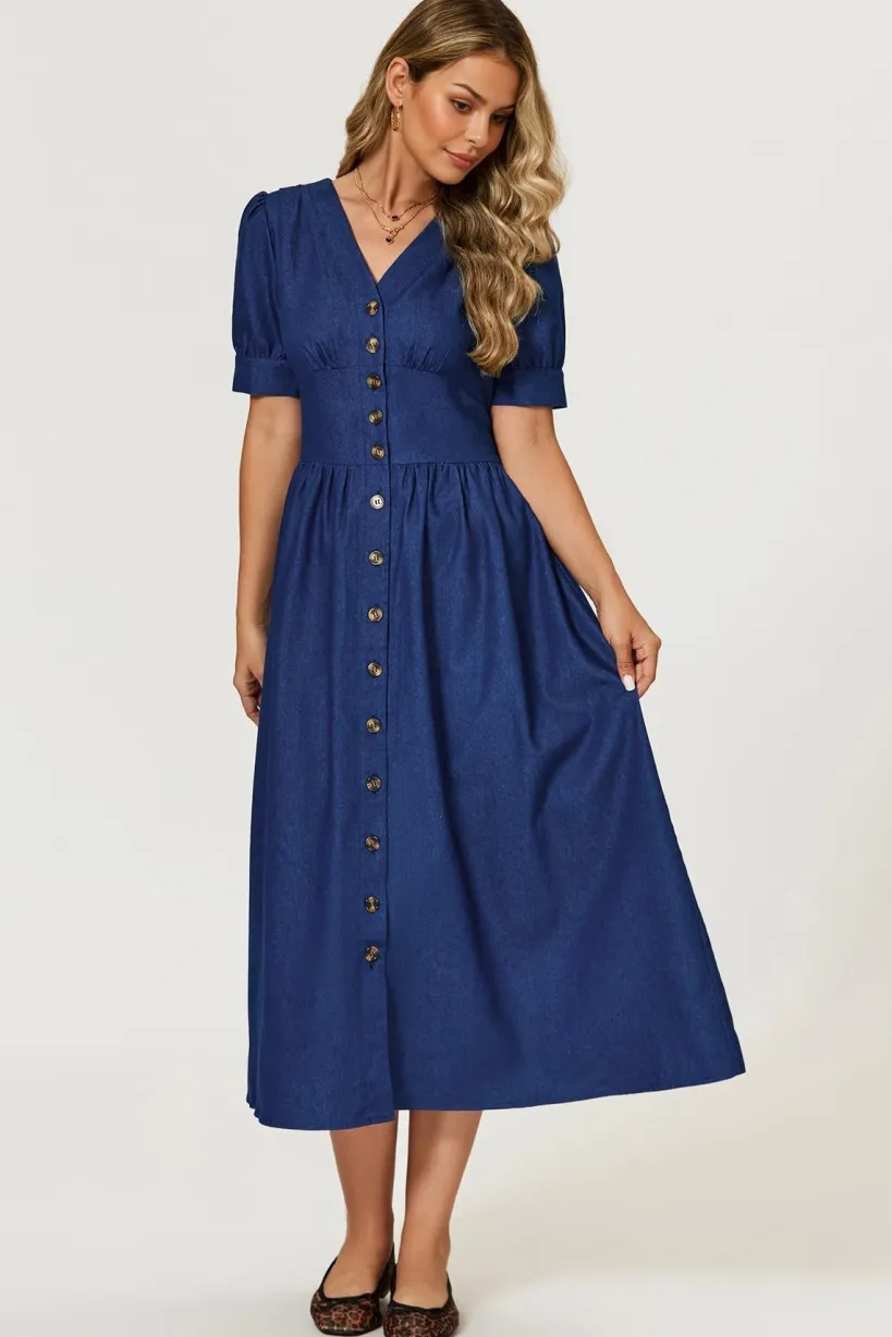 Denim Midi Dress In Blue by FS Collection