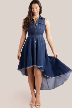 Denim Sleeveless High And Low Midaxi Dress - Navy Denim by Goddiva
