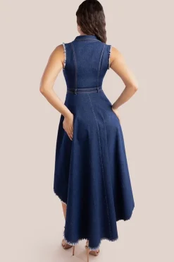 Denim Sleeveless High And Low Midaxi Dress - Navy Denim by Goddiva