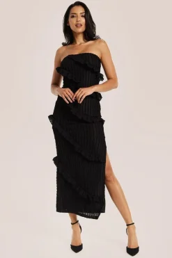 Diagonal Frilled Slit Detail Jersey Dress In Black by Liquorish