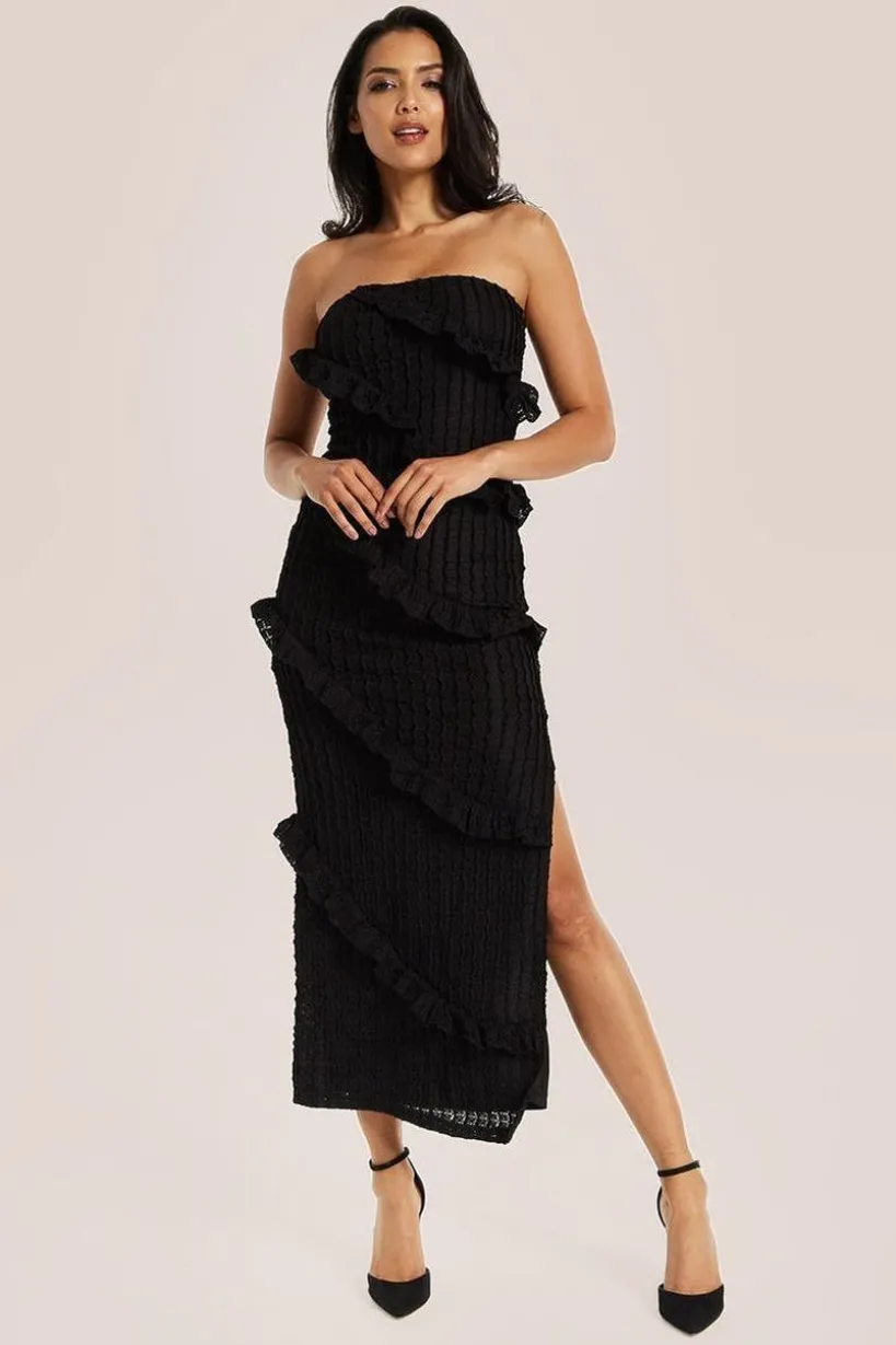 Diagonal Frilled Slit Detail Jersey Dress In Black by Liquorish