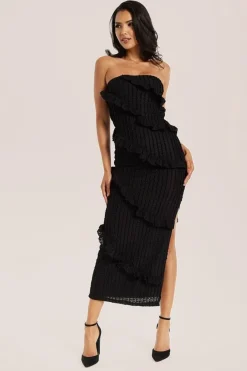 Diagonal Frilled Slit Detail Jersey Dress In Black by Liquorish