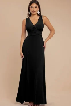 Diamante & Scalloped Lace Neck Maxi Dress - Black by Goddiva