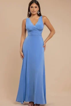 Diamante & Scalloped Lace Neck Maxi Dress - Cornflower Blue by Goddiva