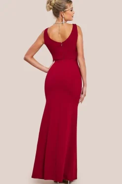 Diamante Brooch Thigh Split Mermaid Maxi Dress - Wine by Goddiva