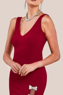 Diamante Brooch Thigh Split Mermaid Maxi Dress - Wine by Goddiva