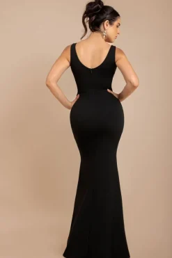 Diamante Brooch Thigh Split Mermaid Maxi Dress - Black by Goddiva