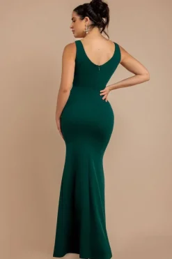 Diamante Brooch Thigh Split Mermaid Maxi Dress - Emerald by Goddiva