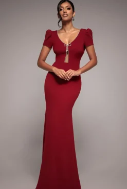 Diamante Embellished Bow Scuba Crepe Maxi Dress - Wine by Goddiva