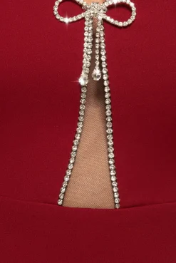 Diamante Embellished Bow Scuba Crepe Maxi Dress - Wine by Goddiva