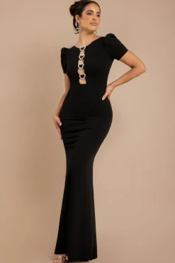 Diamante Embellished Heart Brooch Scuba Maxi Dress - Black by Goddiva