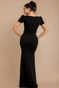 Diamante Embellished Heart Brooch Scuba Maxi Dress - Black by Goddiva
