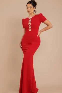 Diamante Embellished Heart Brooch Scuba Maxi Dress - Red by Goddiva