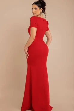 Diamante Embellished Heart Brooch Scuba Maxi Dress - Red by Goddiva