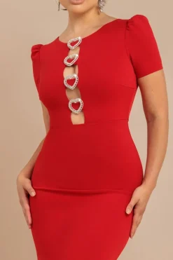 Diamante Embellished Heart Brooch Scuba Maxi Dress - Red by Goddiva