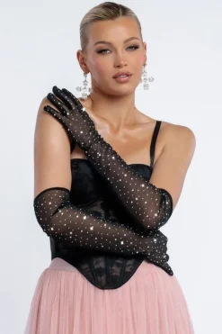 Diamante Embellished Mesh Gloves by Goddiva
