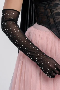 Diamante Embellished Mesh Gloves by Goddiva