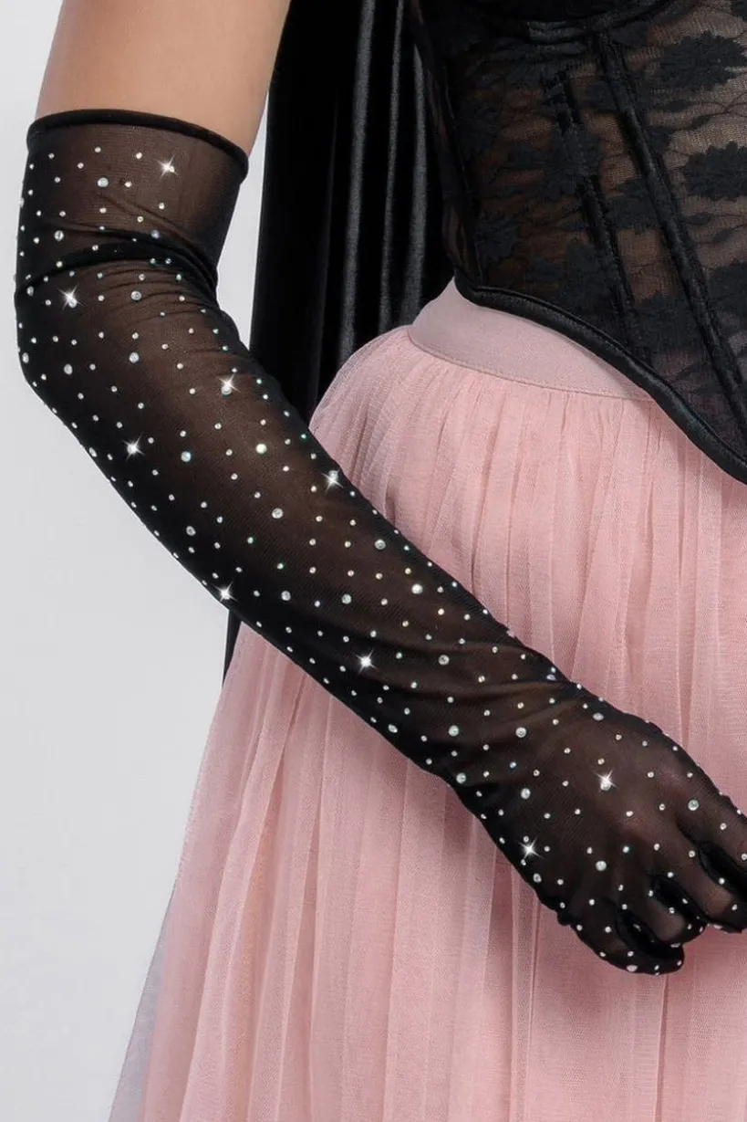 Diamante Embellished Mesh Gloves by Goddiva