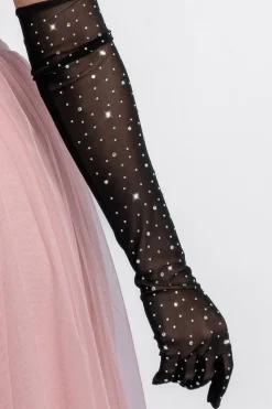 Diamante Embellished Mesh Gloves by Goddiva