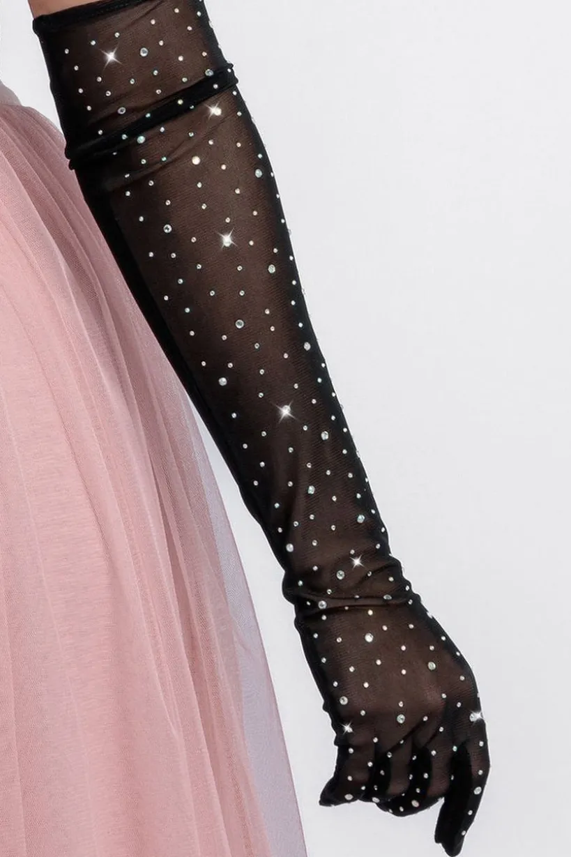 Diamante Embellished Mesh Gloves by Goddiva