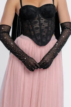 Diamante Embellished Mesh Gloves by Goddiva