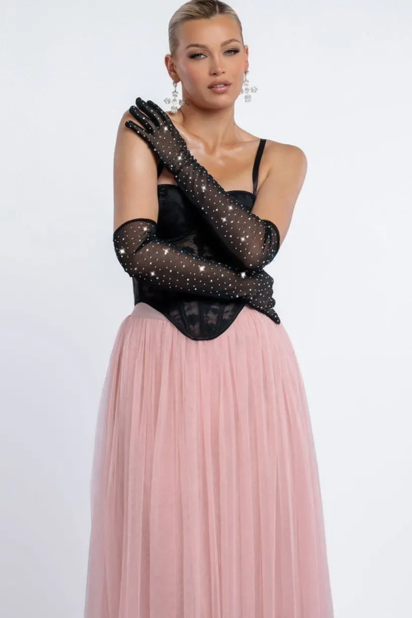 Diamante Embellished Mesh Gloves by Goddiva