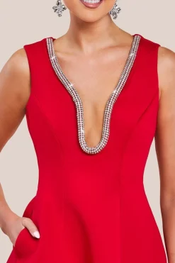 Diamante Embellished Neck A-Line Mini Dress - Red by Goddiva