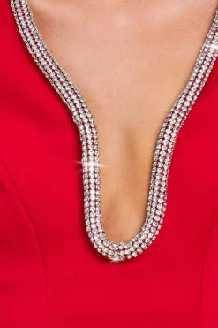 Diamante Embellished Neck A-Line Mini Dress - Red by Goddiva