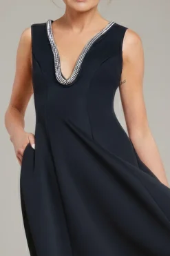 Diamante Embellished Neck A-Line Midi Dress - Black by Goddiva