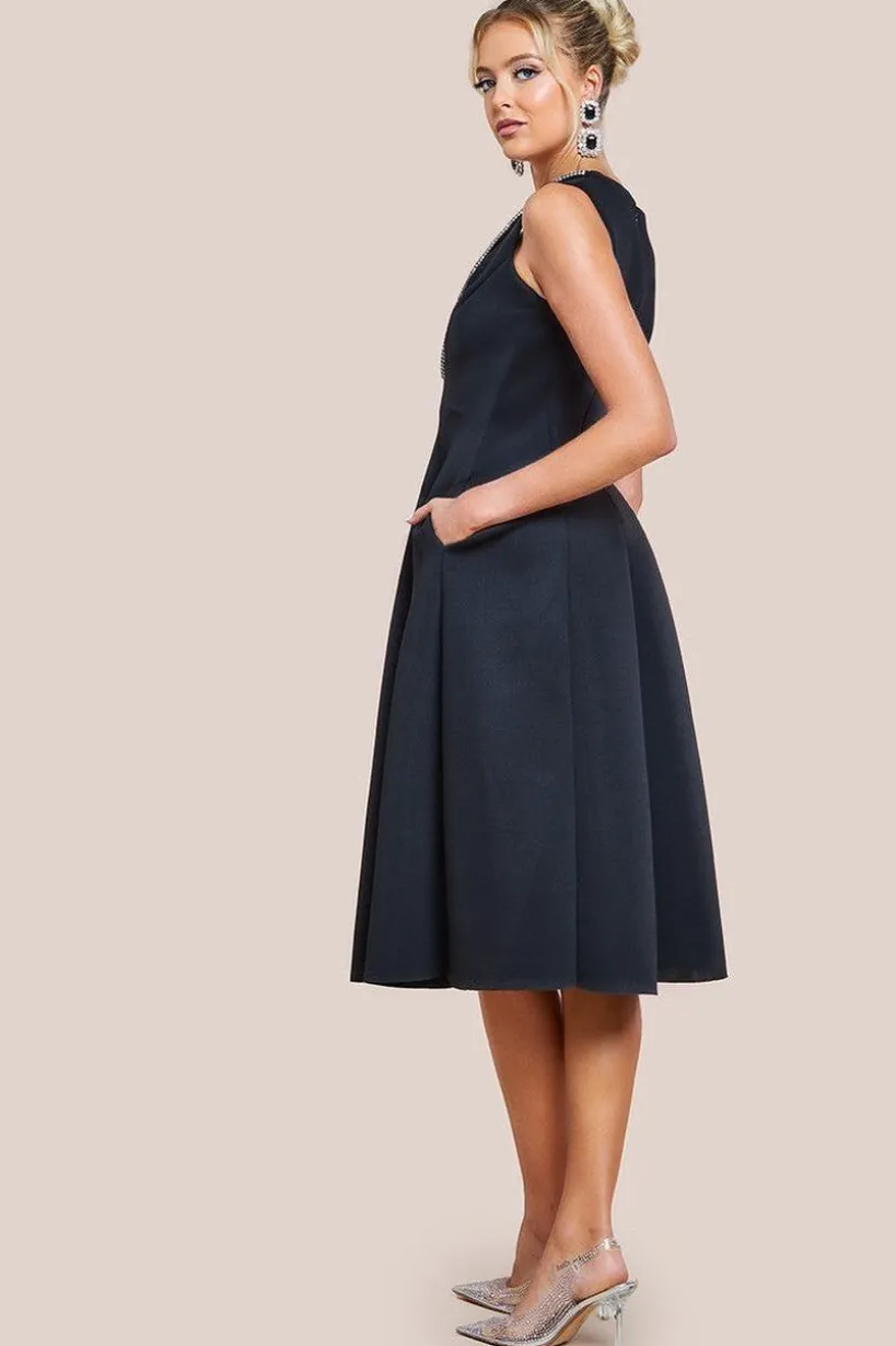 Diamante Embellished Neck A-Line Midi Dress - Black by Goddiva