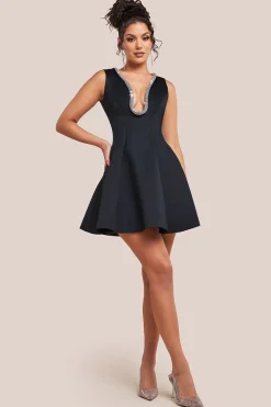 Diamante Embellished Neck A-Line Mini Dress - Black by Goddiva