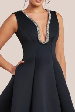 Diamante Embellished Neck A-Line Mini Dress - Black by Goddiva