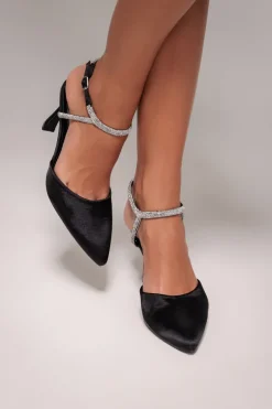 Diamante Embellished Satin Slingback Court Heels - Black Satin by Goddiva