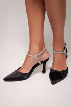 Diamante Embellished Satin Slingback Court Heels - Black Satin by Goddiva