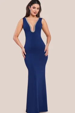 Diamante Embellished Super Plunge Scuba Maxi Dress - Navy by Goddiva