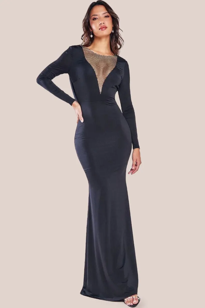 Diamante Fishnet Cowl Back Maxi - Black by Goddiva