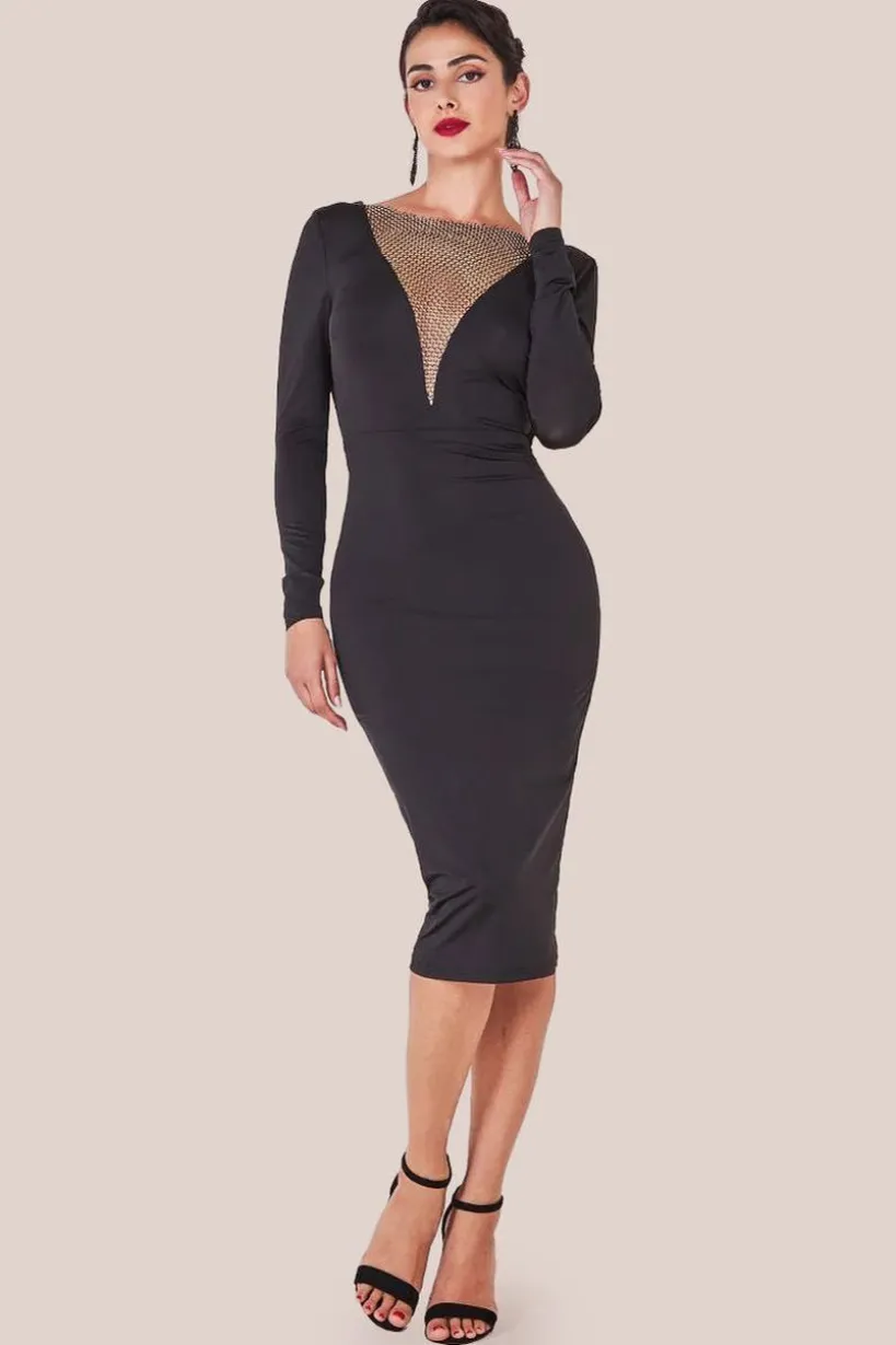 Diamante Fishnet Cowl Back Midi - Black by Goddiva