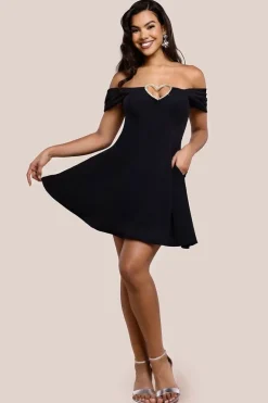 Diamante Heart Trim A-Line Mini Dress - Black by Goddiva