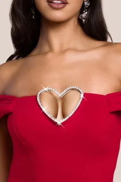 Diamante Heart Trim A-Line Mini Dress - Red by Goddiva