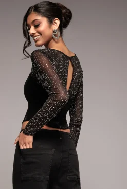 Diamante Long Sleeve Velvet Dipped Hem Top - Black by Goddiva
