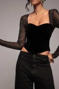 Diamante Long Sleeve Velvet Dipped Hem Top - Black by Goddiva