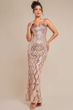 Diamante Strap Fish Scale Sequin Maxi Dress - Champagne by Goddiva