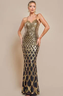 Diamante Strap Fish Scale Sequin Maxi Dress - Gold by Goddiva