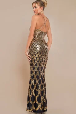 Diamante Strap Fish Scale Sequin Maxi Dress - Gold by Goddiva