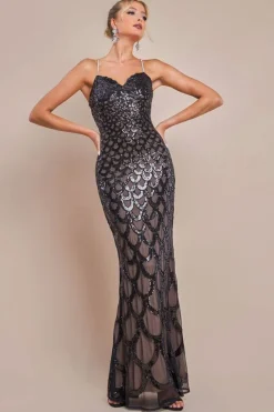 Diamante Strap Fish Scale Sequin Maxi Dress - Black by Goddiva